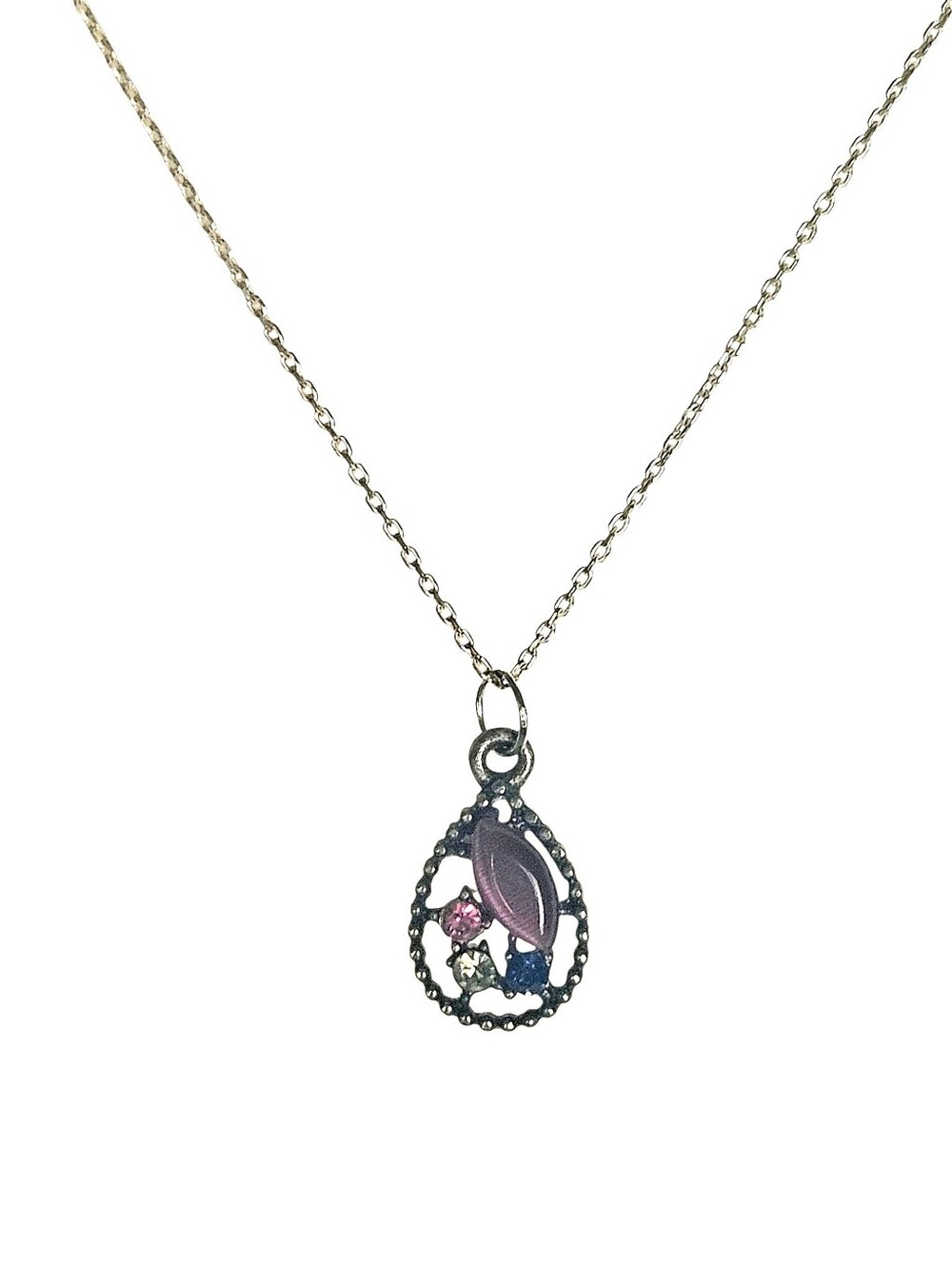Sterling Silver Necklace with Tear Drop Pendant Purple Multicolored Gem Accents